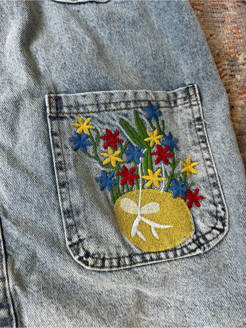 Denim Women's Embroidered Jacket - Light Blue with Colorful Pockets - Picture 7 of 9